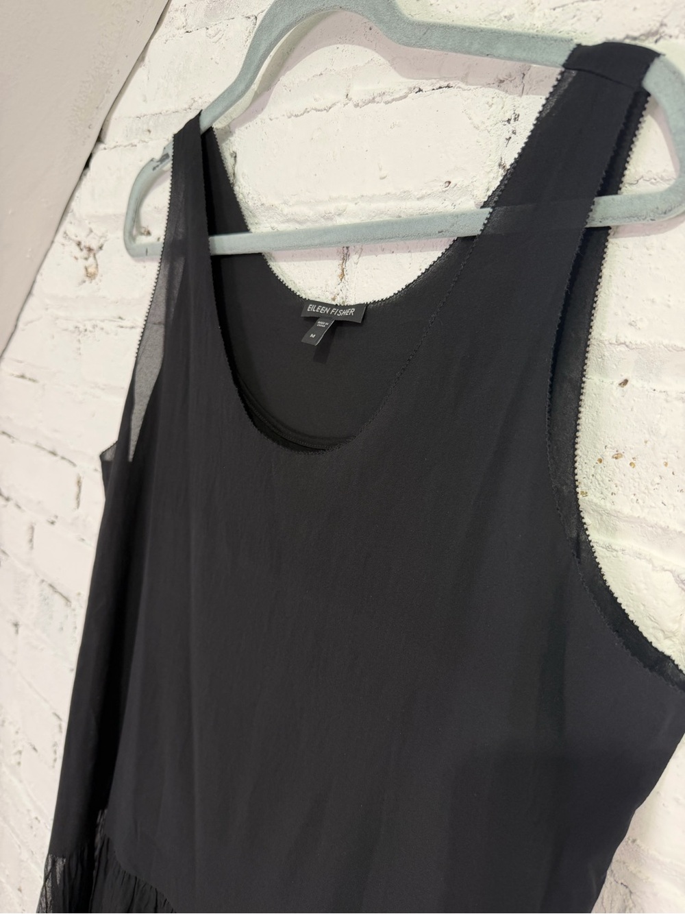 EILEEN FISHER Silk Georgette Black Gathered Sheer U-Neck Sleeveless Dress w Slip - Picture 9 of 11